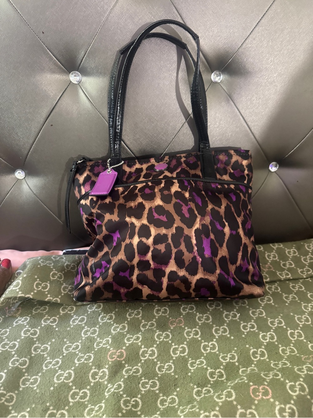 Coach Brown Leopard Print Tote with Purple Accents